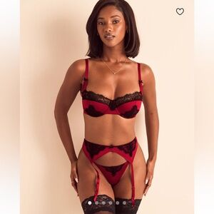 Adore Me Red and Black Lace Bra, panty, and garter